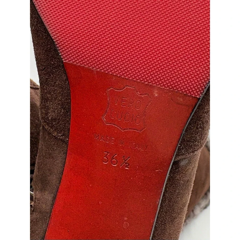 Christian Louboutin Brown Suede Knee High Boots Sheepskin Accent Size EU 36.5